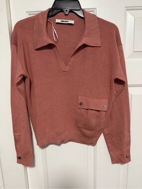 DKNY Women's Dusty Rose V‑Neck Polo Sweater with Front Pocket